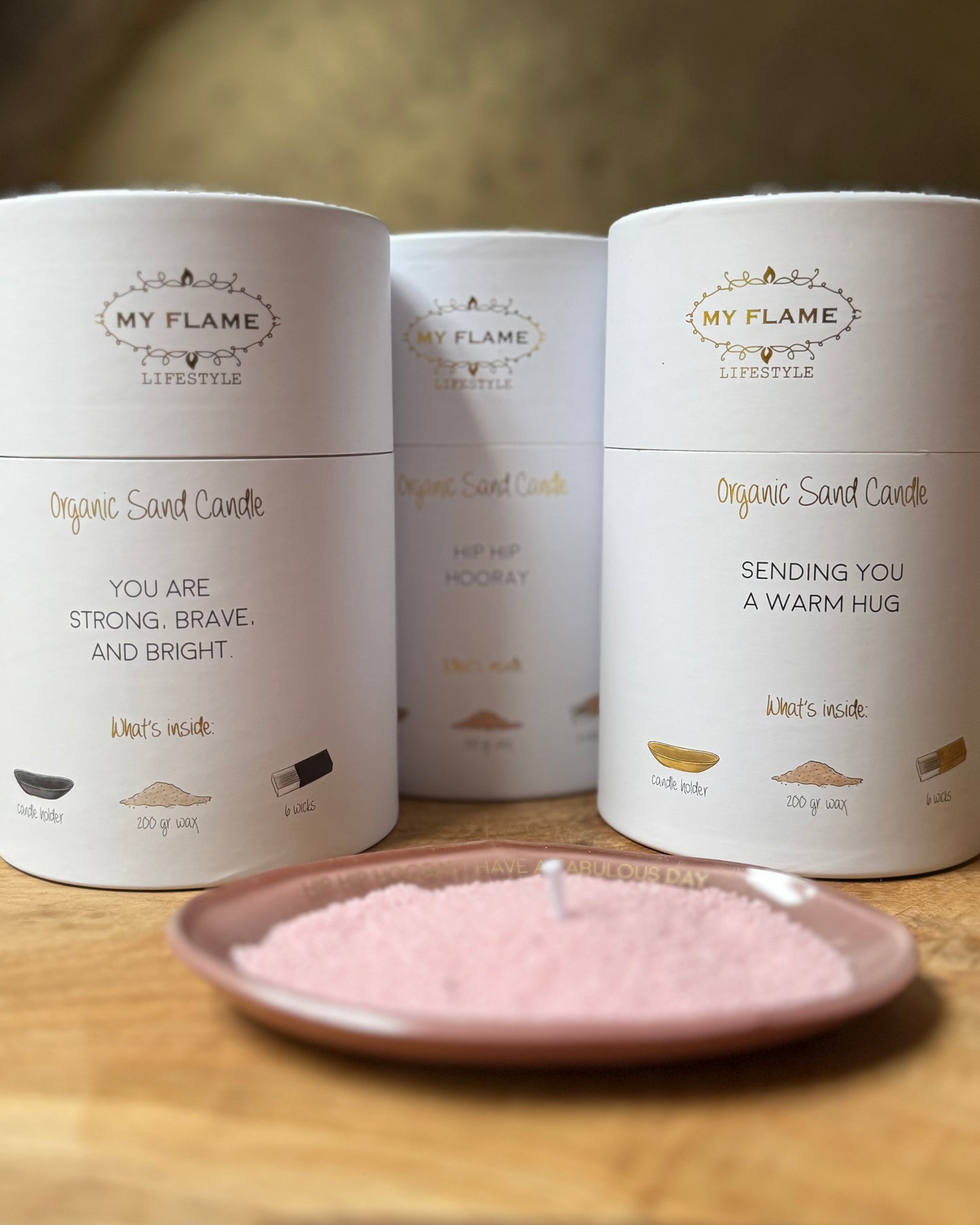 Organic Sand Candle ‘hip hip hooray’