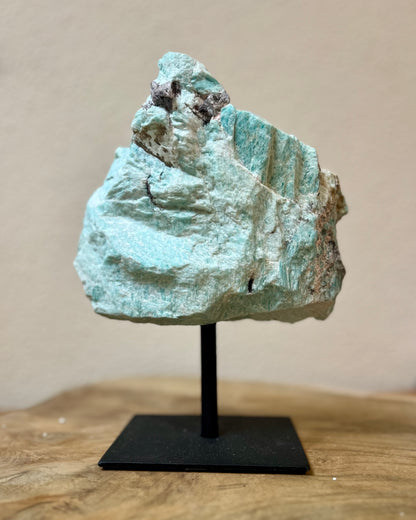 Large raw Amazonite on stand