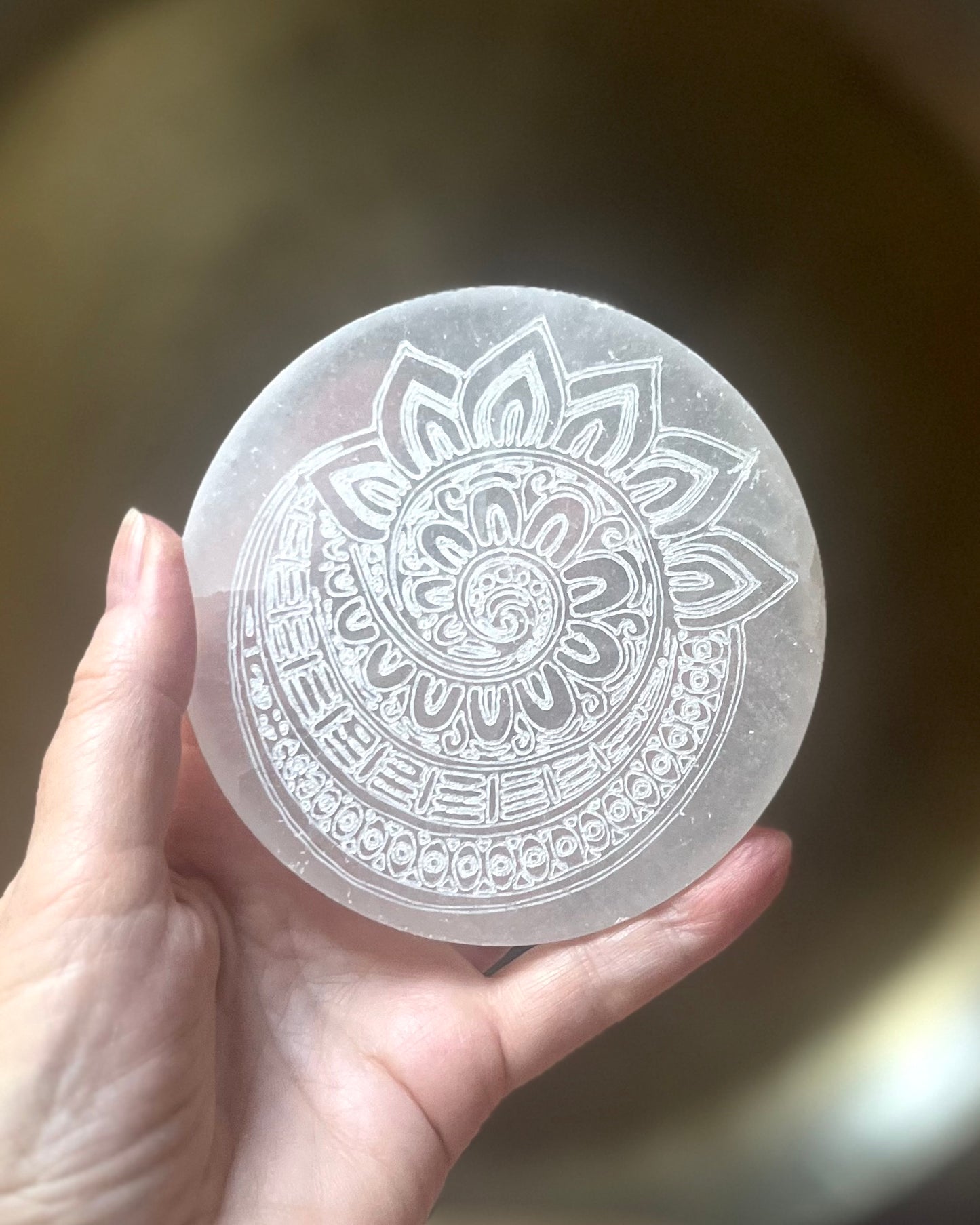 Selenite engraved charging disc Mandela