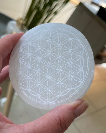 Selenite charging disc flower of life