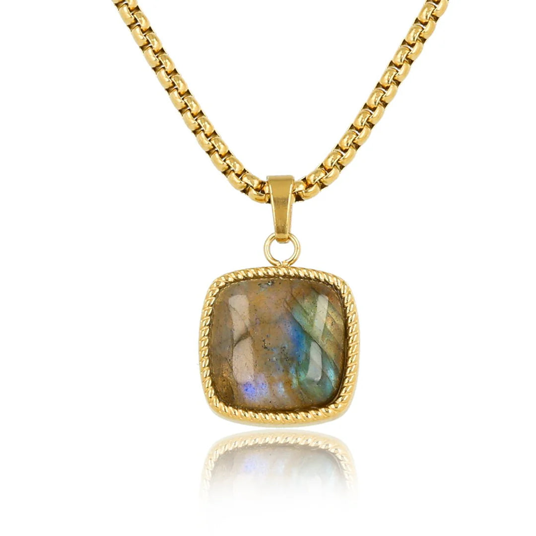 Vierkante Labradoriet ketting goud