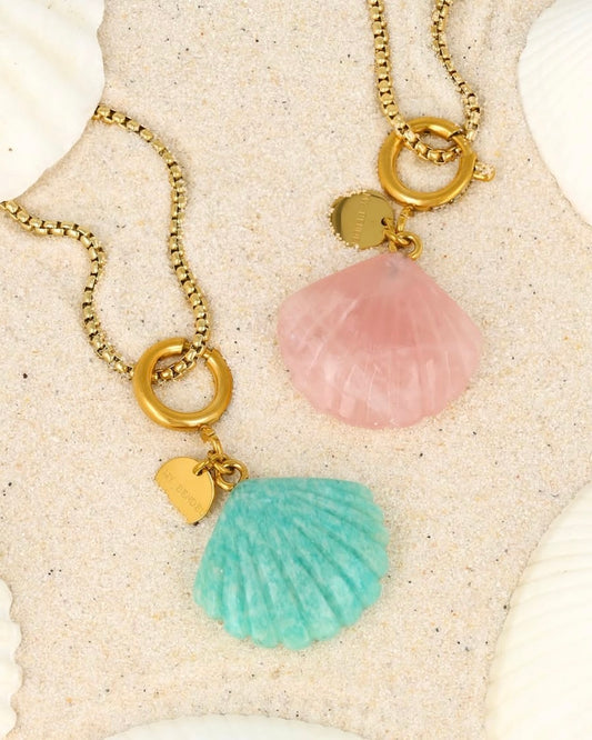 Schelp ketting Amazoniet/Rozekwarts