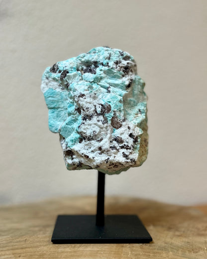 Large raw Amazonite on stand