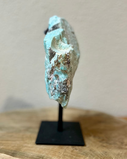 Large raw Amazonite on stand