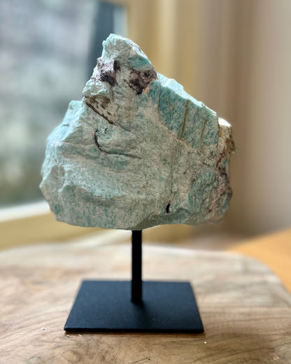 Large raw Amazonite on stand