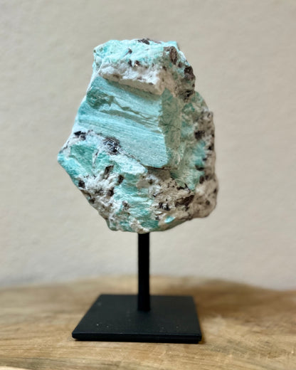 Large raw Amazonite on stand