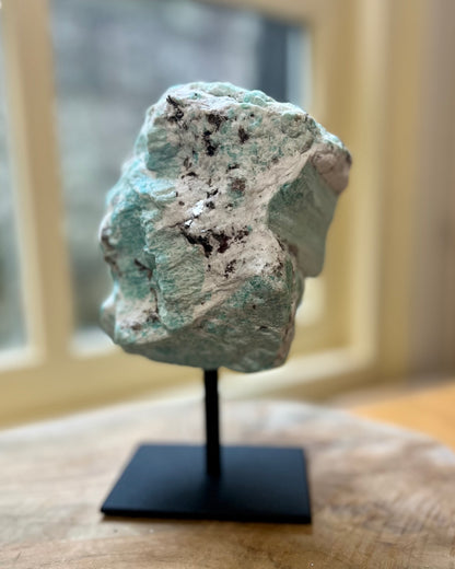 Large raw Amazonite on stand