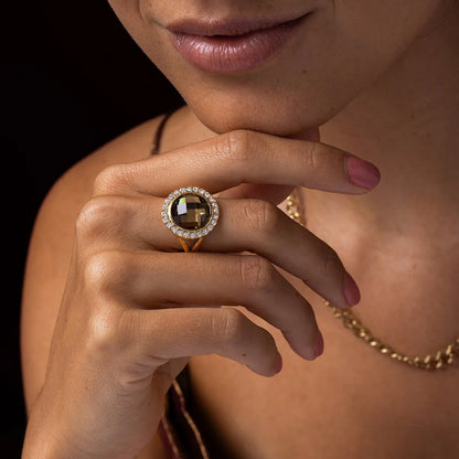 Ring met glassteen & Zirkonia Smokey Topaz