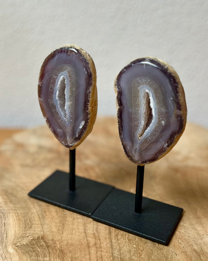 Agate geode pair on stand