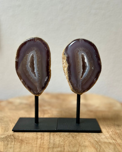 Agate geode pair on stand