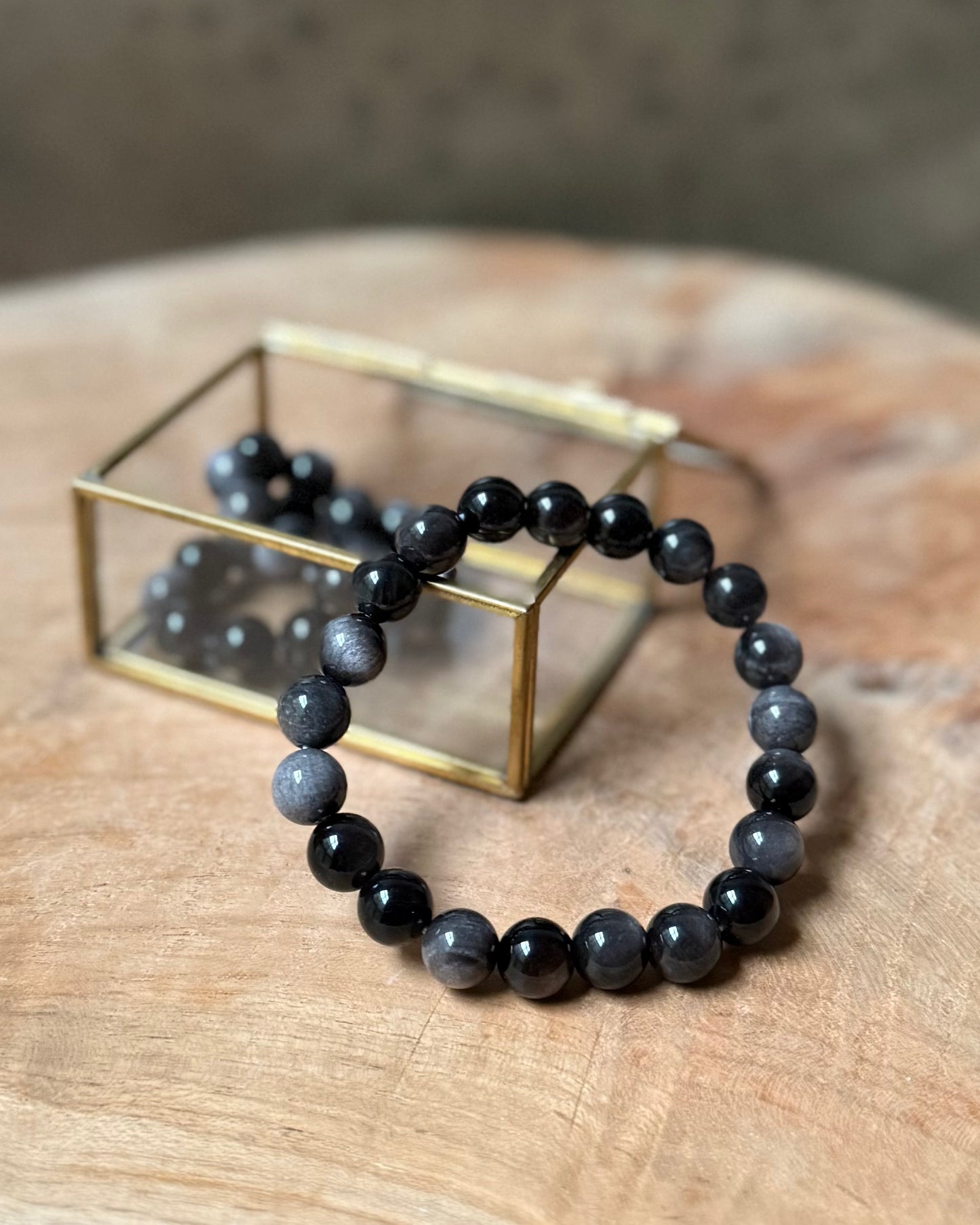 Zilver Obsidiaan heren kralenarmband 10 mm