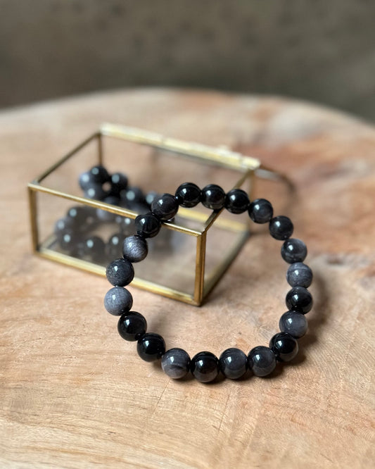 Zilver Obsidiaan heren kralenarmband 10 mm